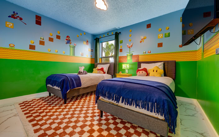 Mario Bedroom Near Disney World – Kissimmee Rental  Fun Nintendo-style bedroom with twin beds close to Disney in Kissimmee Florida